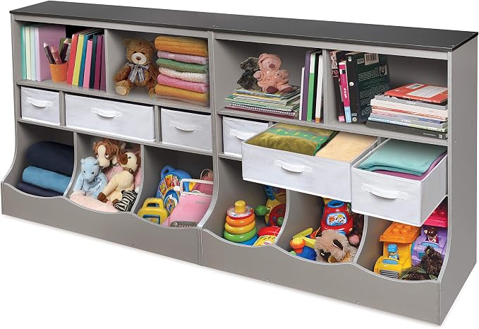 Badger Basket Combo Bin Toy Storage Unit and Book Shelf for Kids with 3 Baskets - Woodgrain/Gray | Kids storage organizer with 3 removable baskets, open shelves & display top for toys, books, clothes & more. - Image 7
