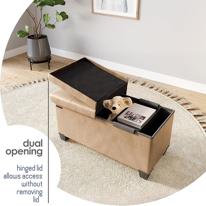Storage Ottoman Bench with Bins, 30-in Storage Bench for Bedroom End of Bed, Folding Foot Rest Ottoman for Living Room Max 660lbs, Leather Ottomans, Taupe - Image 9