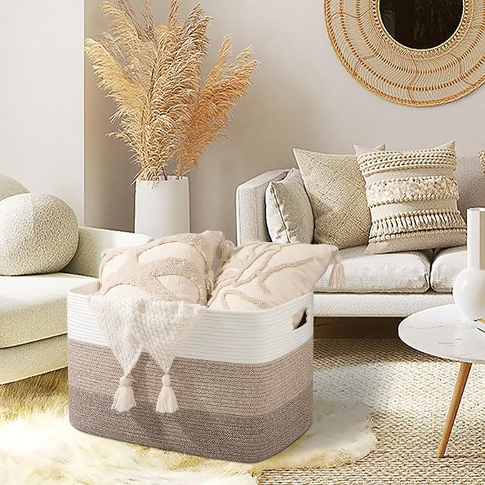 OIAHOMY 118L Extra Large Blanket Basket, Rectangle Woven Cotton Rope Storage Basket,Used for storing Dirty Clothes, Stuffed Animal Toy Storage for Living Room,Kids Room,25" x 17" x 16", Gradient Brown - Image 5