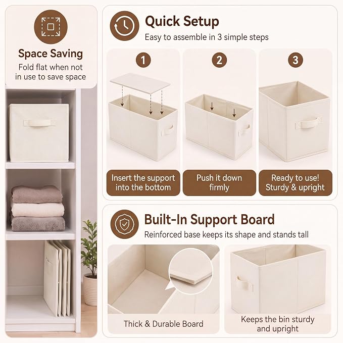 Yinder 4 Pcs Cube Storage Bin, Beige 14''x10''x8'' Storage Cubes | Kids Classroom Playroom Decor, Beige Bins, Foldable Baskets for Nursery Organizer Boxes Fabric Boxes - Image 4