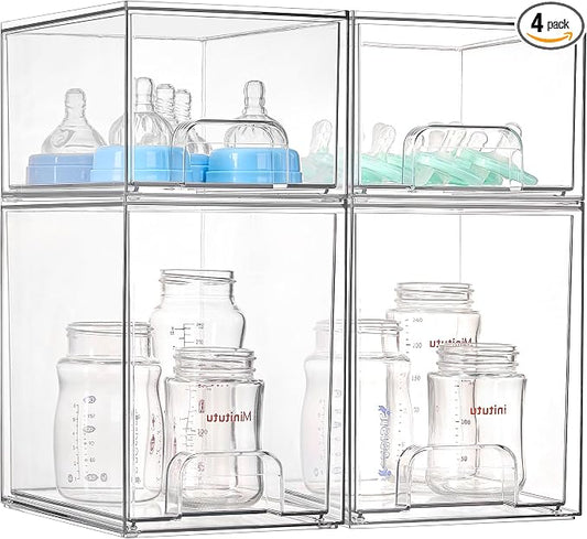 Vtopmart Clear Stackable Storage Drawers Set of 4, Baby Bottle Organizer | Multi-purpose Plastic Boxes Ideal for Kichen Countertop, Vanity, Bathroom, Cabinet, Pantry Organization by Vtopmart