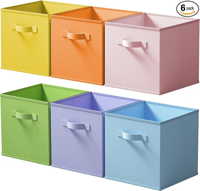 Cupic Cupid 6-Pack 11x11 Cube Storage Bins, Fabric Bins, Pastel Colors | Foldable, Reinforced Front Handle, Holds Toys, Stuffed Animals, Clothes and More, Fits Shelves, Playroom, Nursery, Cubby by CupicCupid