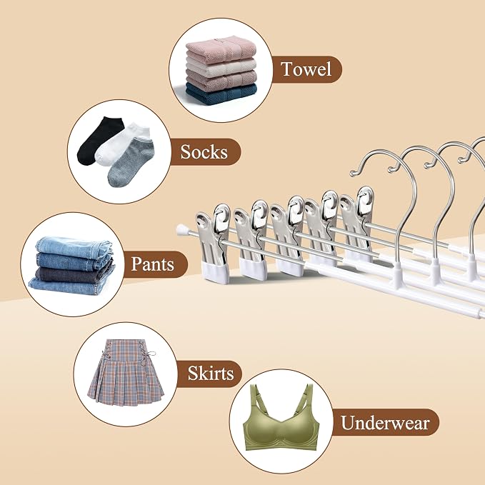 Pants Hangers with Clips Skirt Hangers 16 Inch 10 Pack, White | Non-Slip,Adjustable metal clips,Space-Saving,Heavy duty, for pants/skirt/dress/trousers/jeans/shorts/Clothes,Women,men - Image 5