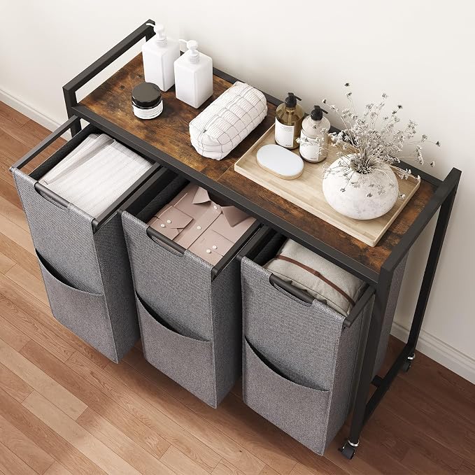 HOOBRO Laundry Sorter 3 Section, Laundry Hamper with Wheels, 3 × 11.5 Gal (43.4L), Rolling Laundry Basket, Pull-Out and Removable Oxford Fabric Laundry Bags, Rustic Brown and Grey BFG76XY01 - Image 4