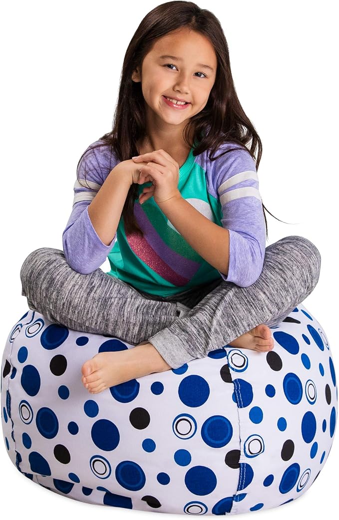 Posh Stuffable Kids Stuffed Animal Storage Bean Bag Chair Cover - Childrens Toy Organizer, Medium 27" - Canvas Bubbles Blue and White by PoshCreations