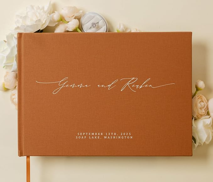 Personalized Guestbook in Terracotta - Premium Custom Modern Guest Book for Wedding Reception, Birthday Party or Events w/Bookmark Blank Pages for Signing 11.5 x 8.5 inches - Image 2