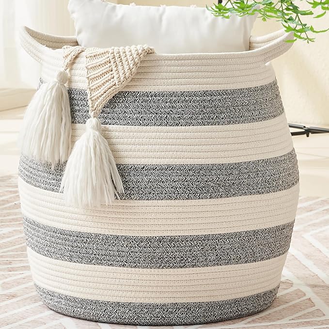 KAKAMAY Woven Baskets for Storage(17"x17"),Large Cotton Rope Basket Woven Baby Laundry Hamper,Collapsible Laundry Basket, Blanket Basket for Organizing Living Room,Nursery,Pillows,Toy Chest(Grey) by KAKAMAY