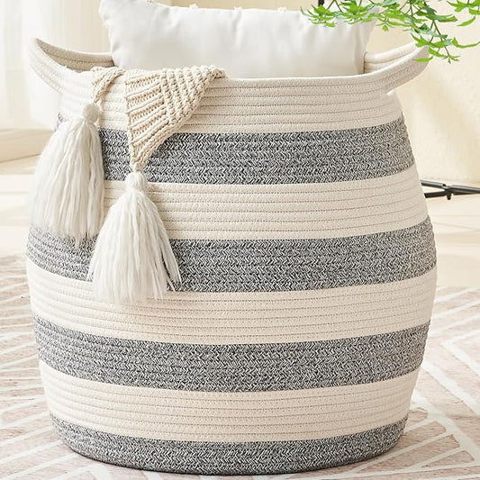 KAKAMAY Woven Baskets for Storage(17"x17"),Large Cotton Rope Basket Woven Baby Laundry Hamper,Collapsible Laundry Basket, Blanket Basket for Organizing Living Room,Nursery,Pillows,Toy Chest(Grey) by KAKAMAY
