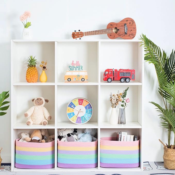 3-Pack Storage Baskets and Cube Bins for Shelves, Playroom and Classroom, Decorative Woven Closet Organizers for Books, Shoes, and Pantry Items, Pastel Rainbow - Image 4