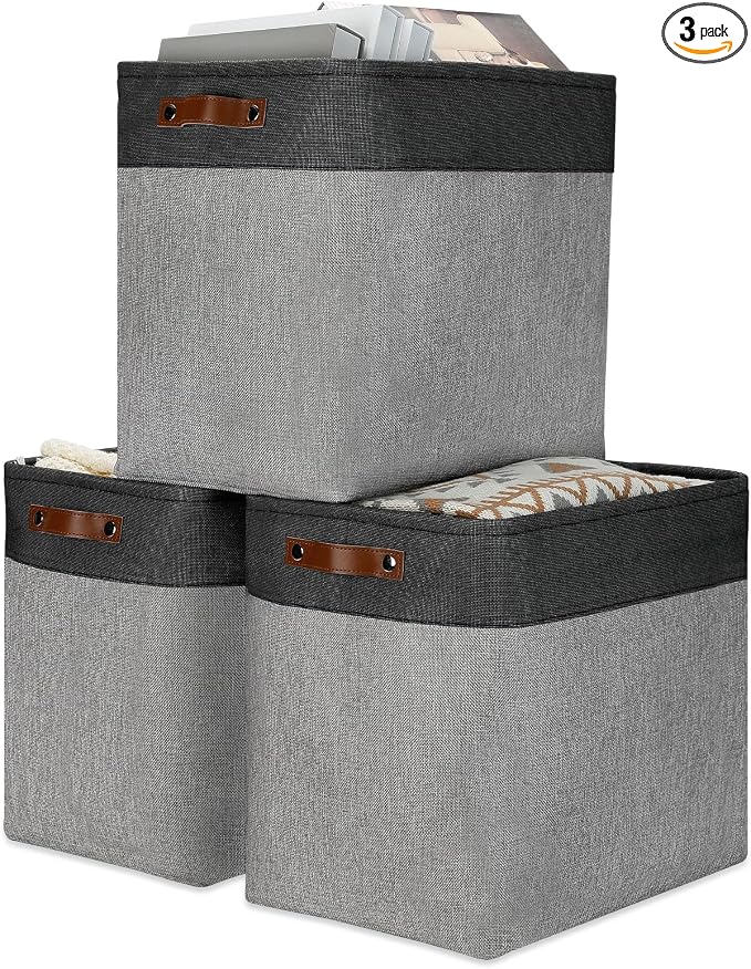 DULLEMELO Grey Storage Baskets for Organizing 3 Pack Fabric Shelf Baskets for Gifts Empty Large Storage Organizer for Closet,Clothes,Toys,Bedroom (Black&Grey) by DULLEMELO