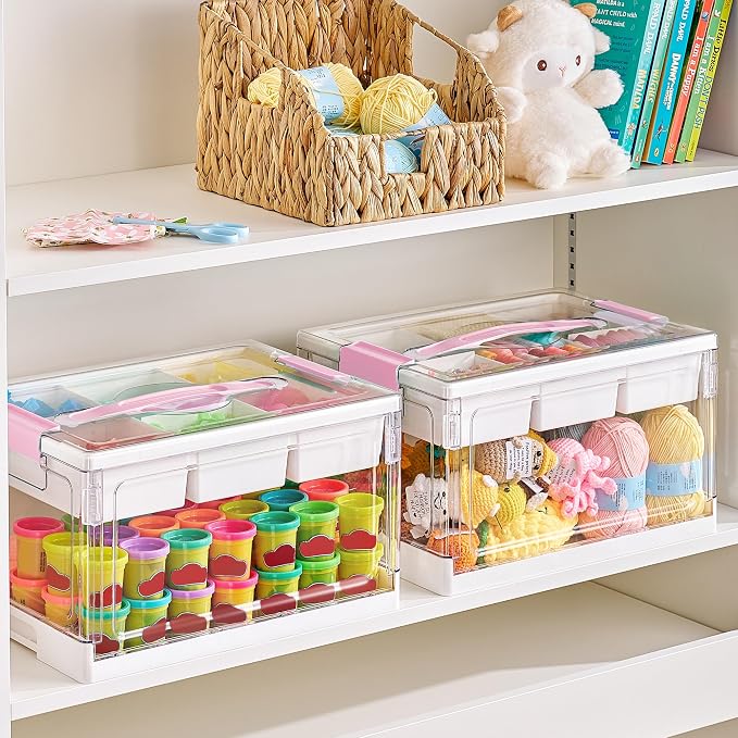 Vtopmart 24 QT Pink Clear Craft Organizer with Tray & Dividers, 1 Pack | Storage Box for Coloring Books, Modeling Clay, Molds and Art Supplies, Removable Tray for Craft Supplies Organization - Image 3