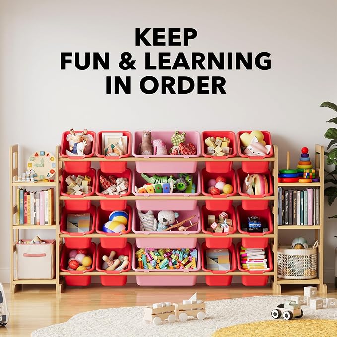 SpaceAid Toy Storage Organizer with 6 Shelves and 20 Bins, Toy Organizers Storage Bookshelf, Kids Bin Shelf Toys Box Bookcase for Bedroom Playroom Organization Room Decor, Red and Pink - Image 5