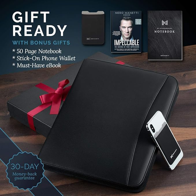 NERO MANETTI- Zippered Vegan Leather Padfolio/Portfolio Pad Holder-Business PU Leather Notepad Folder for Resumes, Interviews, iPad/Tablet, Phone, Legal Pad Notebook Executive Binder for Women, Men - Image 2