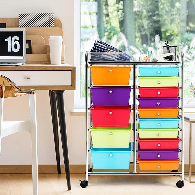 DREAMADE Rolling Cart with 15 Drawers, Rolling Drawer Organizer Cart w/Lockable Wheels, Removable & 2-Sized Storage Drawers, Art Cart for School Home Art Supplies Crafts File Scrapbook (Multi-color) - Image 2