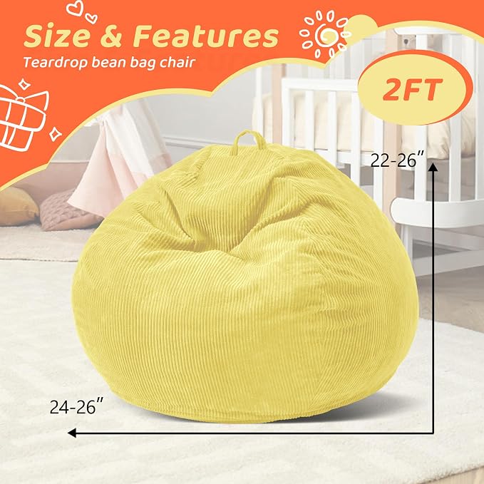 2FT Bean Bag Chair: 2' Small Bean Bags with Memory Foam Filled | Beanbag Chairs with Handle,Teardrop Bean Bag Sofa with Corduroy Machine Washable Cover for Living Room,Bedroom-Yellow - Image 2
