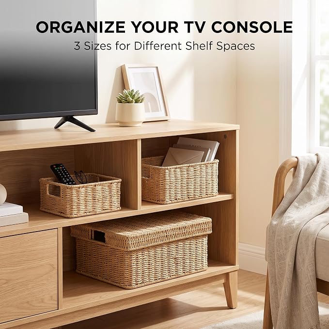 Wicker Storage Basket with Lid for Shelves, 3-Basket Set, Natural | One rectangular wicker basket with lid and two open baskets for decorative shelf storage; removable lid flips into a tray. - Image 6