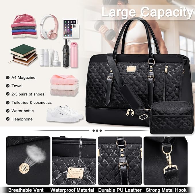 Weekender Bag Overnight Bags for Women,Duffel Bags for Travel Gym with Shoe Compartment with Toiletry Bags, Large Carry On Hospital Bag for Women Weekend,Getaway,Sport,Workout (Black) - Image 2