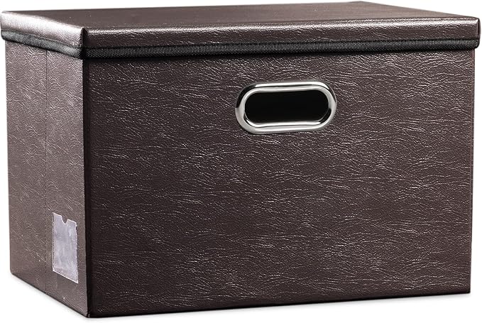 Large Collapsible Storage Bin with Lid [1-Pack] Leather Fabric Foldable Storage Box Organizer Containes Basket Cube with Cover for Home Bedroom Closet Office Nursery Brown (17.7x11.8x11.8) by Prandom