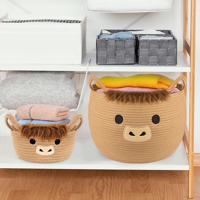 Highland Cute Cow Basket Set for Nursery, Woven Storage Cotton Rope Basket, Baby Blanket 0rganizer with Ears Handles, Blanket Towel Decor Toy Clothes Gifts Storage Cat Dog Bin, Pack of 2 - Image 8