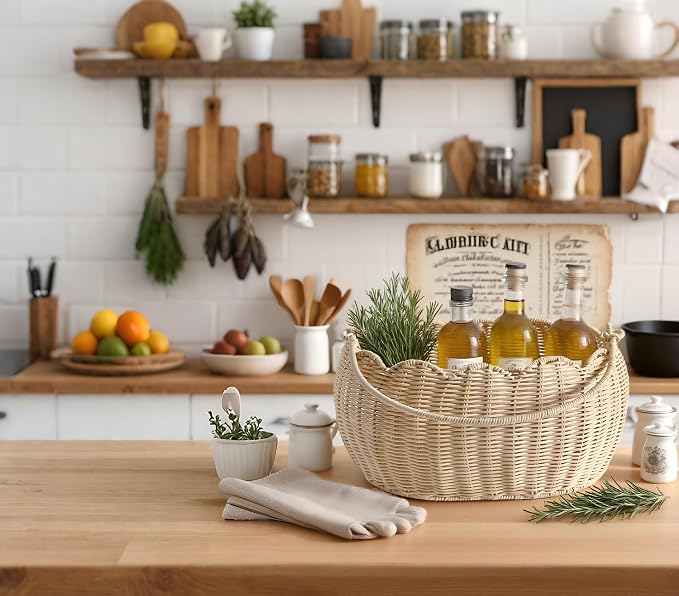 Scalloped Round Basket with Handle, Super Sturdy Wicker Storage Baskets, Hand Woven Basket for Shelves,Natural Baskets for Organizing (White Rattan 12.6"*9"*6.1") - Image 3