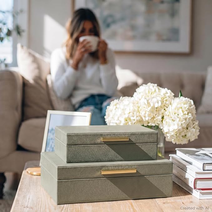 Decorative Storage Boxes with Lids - Set of 2 PU Leather Organizer Bins | Beautiful Bins for Your Bookshelf Home Decor - Safely Store Photos, Documents and Memory Box Keepsakes in Style - Image 2