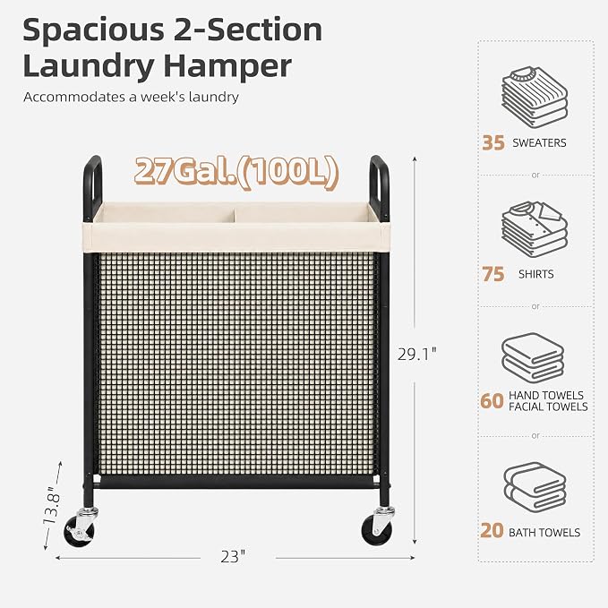 STORAGE MANIAC Rolling Laundry Hamper with Wheels 2-Section Laundry Sorter Rolling Laundrys Basket on Wheels with Removable Bag Clothes Hamper Laundrys Organizer Cart Bathroom Bedroom 100L Beige - Image 3