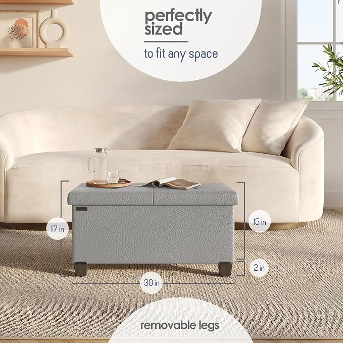 Storage Ottoman Bench with Bins, 30-in Storage Bench for Bedroom End of Bed, Folding Foot Rest Ottoman for Living Room Max 660lbs, Leather Ottomans, Light Grey - Image 8