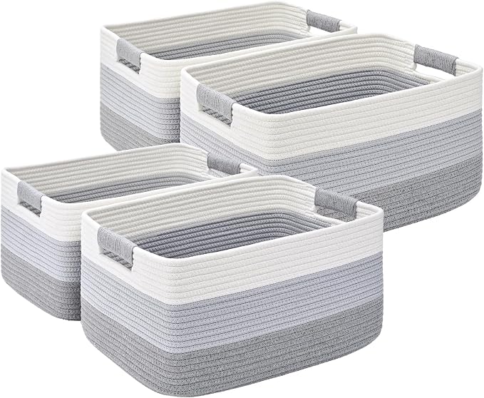 4 Pack Large Storage Basket for Organizing, 17.5"x13"x7" Woven Basket for Shelves, Closet Cube Storage Bins with Wrapped Handle, Cotton Rope Baskets for Kitchen, Clothes, Toys(Gradient Grey) by Degeyoyo