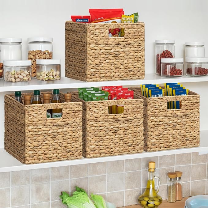 Large Square Woven Hyacinth Wicker Pantry Storage Baskets, Set of 2 | 11"x11"x10", Natural, Iron Wire Frame - Image 2