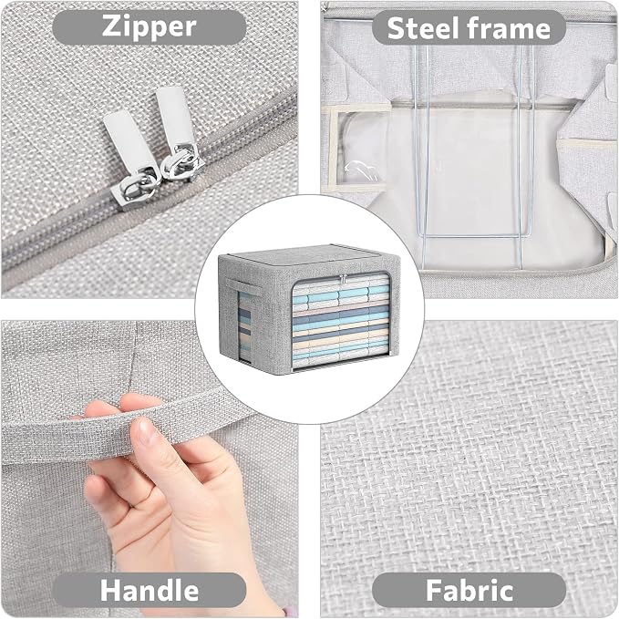 FHSQX 2 Pack Clear Window Storage Bins - Large Stackable Linen Fabric Storage for Clothes Foldable Container Organizer Set with Carrying Handles (Light Gray, 15.7x 11.8x 11.7 Inch) - Image 3