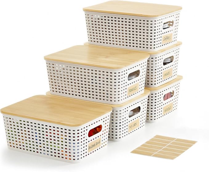 Small Plastic Storage Bins with Bamboo Lids 5.2qt Stackable Box Basket Pantry Decorative Containers Cute with Labels for Organizing Desktop Closet Office Cream White of 6 packs 10*7.2*4.1" by Bagnizer