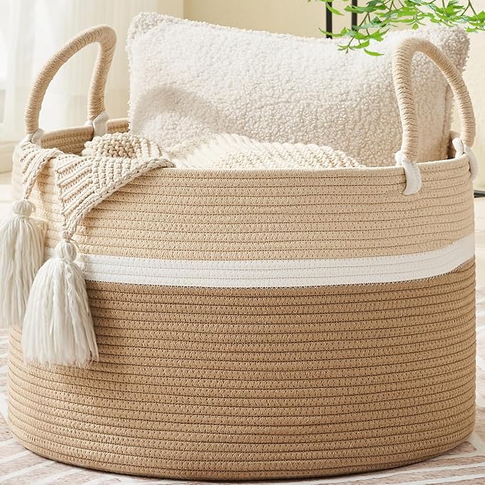 KAKAMAY Large Blanket Basket with Handles, Storage Basket for Living Room | Extra Large Capacity | Natural Cotton Rope | Blanket Storage | Woven Storage Basket | Stuffed Animal Storage | Laundry Basket by KAKAMAY