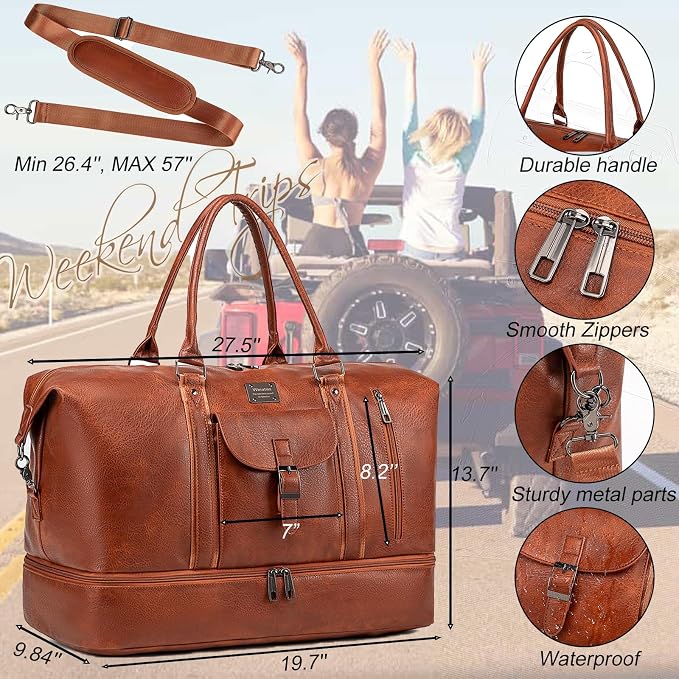 weiatas Faux Leather Travel Duffel Bag for Women Men, Large Weekender Overnight Bag with Shoes Compartment, Waterproof Carry On Bag Travel Tote Bag Gym Bag with Luggage Strap (Brown) - Image 5