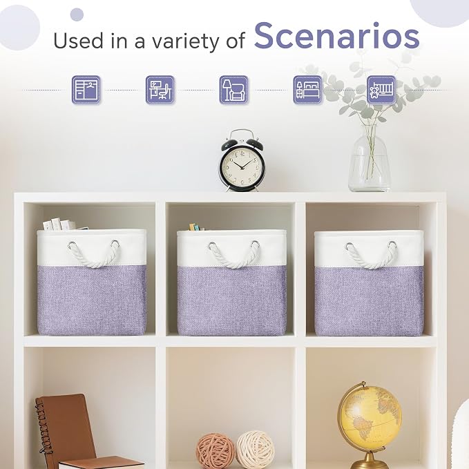 FinishingBo 11 inch Cube Storage Bin with Handles 6 Pack | Foldable Basket, Fabric Storage Bins, Closet Storage, Home Organizer (White/Purple) - Image 5
