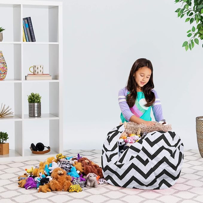 Posh Creations Kids Stuffed Animal Storage Bean Bag Chair Cover - Childrens Toy Organizer, Medium-27in, Canvas Chevron Black and White - Image 6
