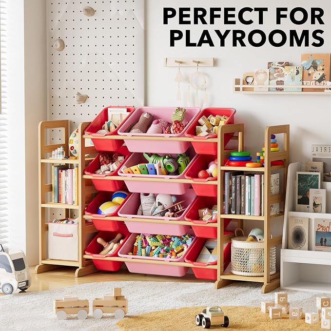 SpaceAid Toy Storage Organizer with 6 Shelves and 12 Bins, Toy Organizers Storage Bookshelf, Kids Bin Shelf Toys Box Bookcase for Bedroom Playroom Organization Room Decor, Red and Pink - Image 5