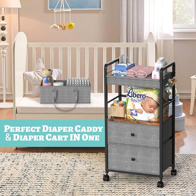 2IN1 Baby Diaper Caddy Organizer & 4-Tier Rolling Cart, Bedside Cart for Baby Essentials Nursery With Drawers, Metal Mobile Diaper Caddy Cart with Wheels, Storage Basket with Dividers for Baby Shower - Image 3