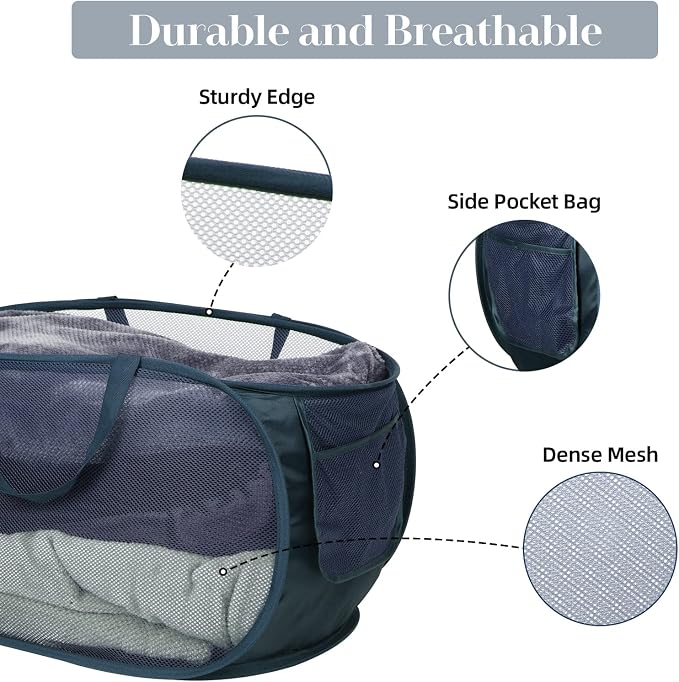 4 Pack Collapsible Laundry Baskets, Foldable Laundry Basket with Pocket, Durable Pop Up Hampers, Reinforced Handles Dirty Clothes Hamper for Laundry, Bedroom, Bathroom, Dorm, Travel or Camping Navy - Image 5