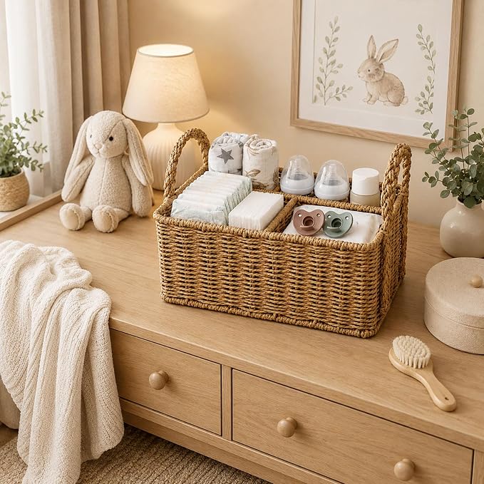 Diaper Caddy Organizer, Paper Rope Storage Baskets Nursery Bin with Removable Divider, Portable Car Organizer for Diapers, Baby Shower Gifts, Newborn Essentials Must Haves - Image 7