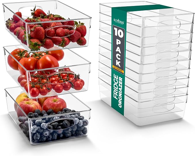 Sorbus Fridge Organizers and Storage, Clear Bins (Extra Large, 10 Pack) | Plastic bin with easy access for cabinets, packaged food, produce and household supplies; contents stay visible for sorting by Sorbus