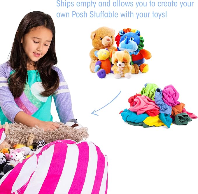 Posh Stuffable Kids Stuffed Animal Storage Bean Bag Chair Cover - Childrens Toy Organizer, Medium 27" - Canvas Stripes Pink and White - Image 3