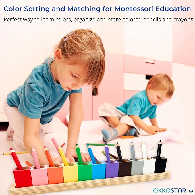 Wooden Crayon & Colored Pencil Holder, 11 Cups, Classroom (Large) | Montessori Color Sorting Caddy, 11 Beechwood Cups Plus 8 Bonus Stencils, Hold Crayons Pencils Markers, Toddler & Teacher Gift - Image 2