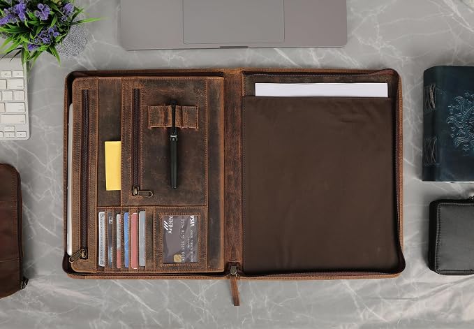 KomalC Leather Portfolio with Zipper Closure | Business Padfolio for Documents, Tablets & Accessories | Vintage Full-Grain Leather Organizer for Professionals - Image 5
