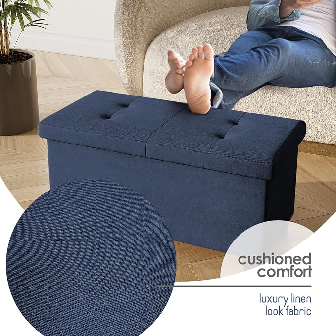 Storage Ottoman Bench with Bins, 30-in Storage Bench for Bedroom End of Bed, Folding Foot Rest Ottoman for Living Room Max 660lbs, Fabric Ottomans, Blue - Image 7