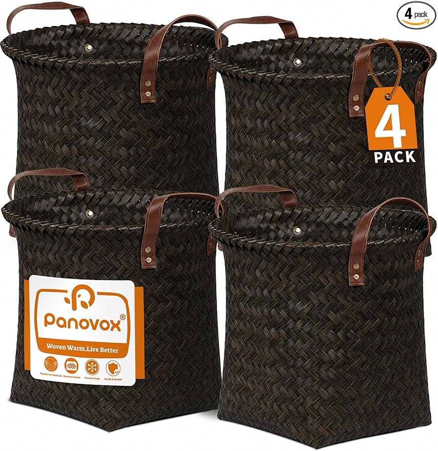 Wicker Storage Baskets, 4 Pack Woven Baskets for Shelves, Dark Gold | PP Rattan, Water-resistant Wicker Basket, Large Baskets with Faux Leather Handles for Blanket, Laundry Organizer, Room Decor by Panovox