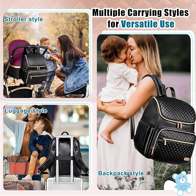 Diaper Bag Backpack Leather Baby Diaper Bag with Changing Pad Travel Diaper Backpack,Baby Bag for Mom,Stroller Straps,5 Insulated Pockets (Black Leather) - Image 7