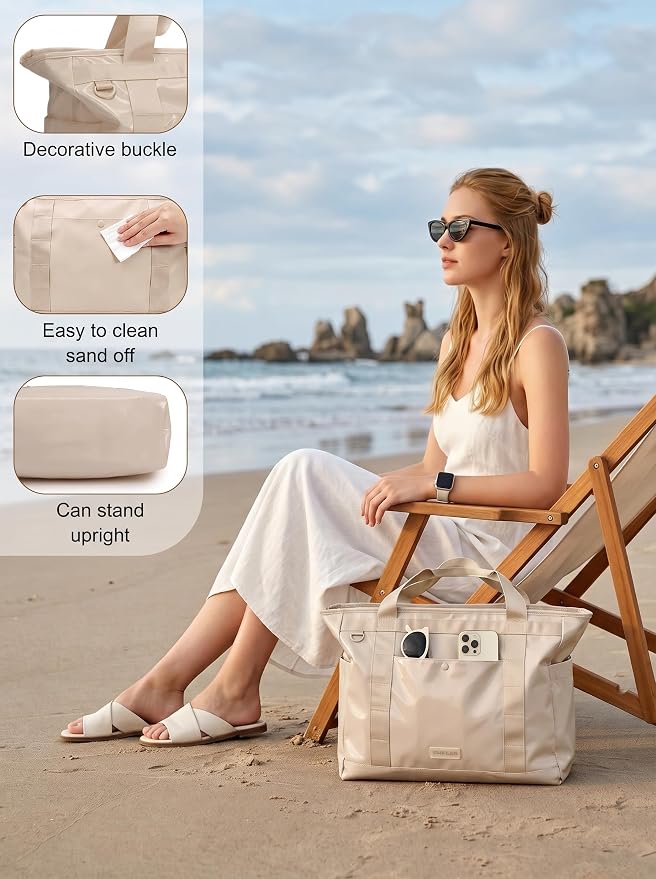 FHELAD Extra Large Glossy Tote Bag for Women, Beach Shoulder Bag 25L | Waterproof Sandproof, 15.6" Laptop Compartment, Luggage Strap, Work, Travel - Image 4
