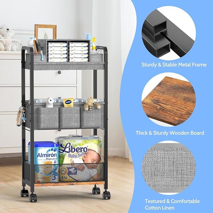 2In1 Baby Diaper Caddy & 3-Tier Rolling Diaper Cart, Caddy Organizer Cart with Dividers, Mobile Metal Bedside Carts for Baby Essentials, Rolling Carts for Newborn Nursery with Wheels, Large Capacity - Image 3