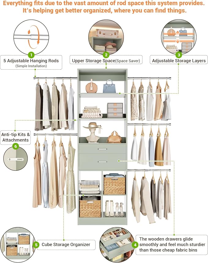 Small Closet System, 3.2-6.8FT Small Closet Organizer with 2 Wooden Drawers & 5 Hanging Rods, Can Fit 37.5 to 81.9 inch Walk-in Closet System, Built-in, Crab Green, Enclosed Storage Volume 2.32 ft³ - Image 5