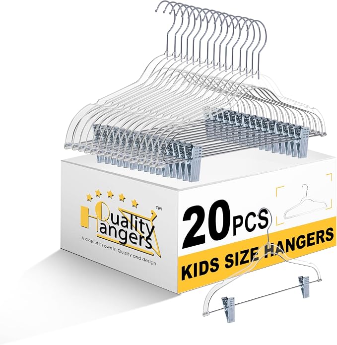 Quality Clear Kids Pants Hangers with Clips 20 Pack | Heavy Duty Skirt Hangers with Swivel Hook and Notches | Space Saving Kids Clip Hangers for Pants | 13.7 Inch (20, Clear) by QualityHangers